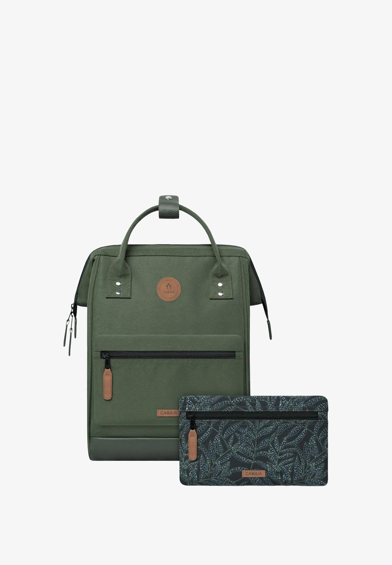 Green fabric backpack with a top handle, front zipper pocket, and a detachable patterned pouch featuring leaf designs in dark tones.