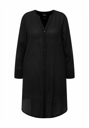 Zwarte blouse met knopen van lichtgewicht stof. Kenmerkt zich door lange mouwen, een V-hals en een afgeronde zoom met een licht doorschijnende textuur.