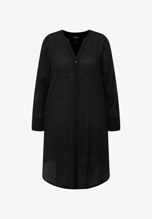 Zwarte blouse met knopen van lichtgewicht stof. Kenmerkt zich door lange mouwen, een V-hals en een afgeronde zoom met een licht doorschijnende textuur.