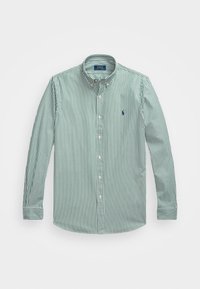 Grün-weiß gestreiftes Langarmshirt mit Button-Down-Kragen, versehen mit einem kleinen eingestickten Logo und einer glatten Baumwolltextur.