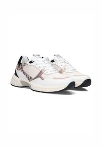 White athletic shoes with mesh panels, metallic accents, and leopard print details. Features a cushioned sole and black rubber outsole.