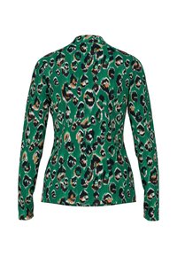 Grünes Langarmoberteil mit einem Leopardenmuster in Schwarz, Braun und Weiß. Hergestellt aus einem glatten Stoff mit einer engen Passform.