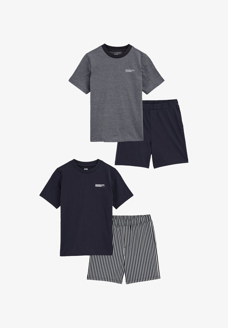 Două seturi de haine pentru copii: un tricou gri cu mânecă scurtă, un tricou bleumarin, pantaloni scurți bleumarin și pantaloni scurți pijamale în dungi. Țesătură din bumbac, croială casual.