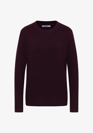 Maglione a maglia bordeaux con un design testurizzato e a coste. Presenta un collo rotondo e maniche lunghe, con un colore uniforme in tutta la superficie.