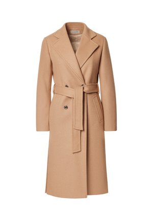 Beżowy wełniany płaszcz z paskiem w talii, klapami, dwiema przednimi kieszeniami i zapięciem na guziki, charakteryzujący się gładką teksturą i dopasowanym krojem.