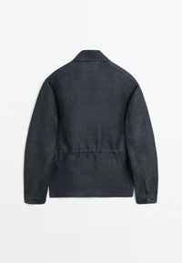 Dark navy blue long-sleeve jacket with a collar, buttoned cuffs, and an elastic cinched waist, shown from the back on a white background.