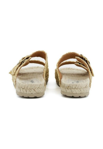 Sandali intrecciati beige con due cinturini regolabili e texture simile alla corda sulla suola. Soletta piatta e suola in gomma per una buona aderenza.