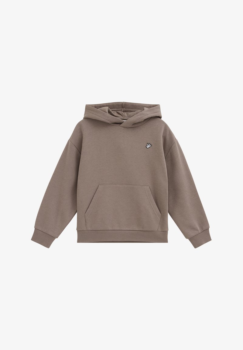 Sweat à capuche marron avec poche kangourou à l'avant et petit logo oiseau blanc sur la poitrine gauche.