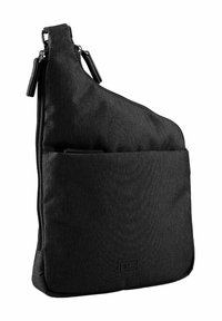 Borsa a spalla nera realizzata in tessuto testurizzato, con un compartimento principale con zip, una piccola tasca anteriore e accessori in metallo.