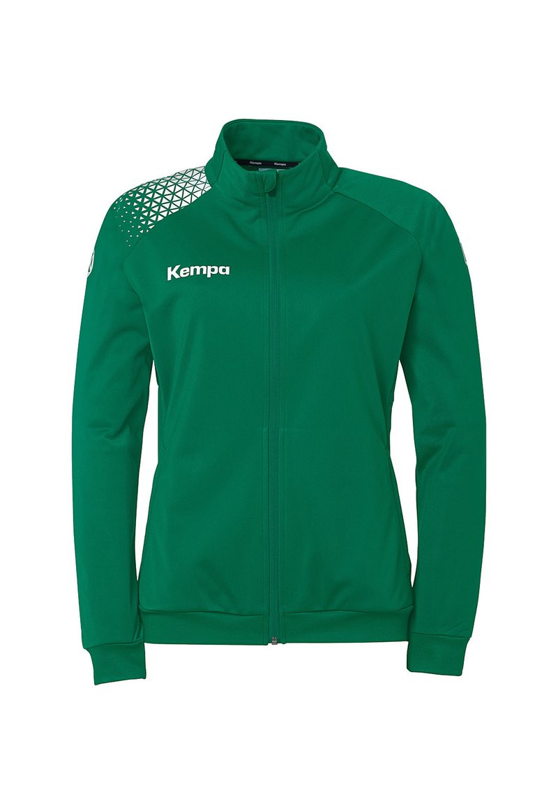 Grøn zip-jakke med ståkrave, lavet af glat stof. Har et geometrisk mønster på venstre skulder og "Kempa" logo i hvid.