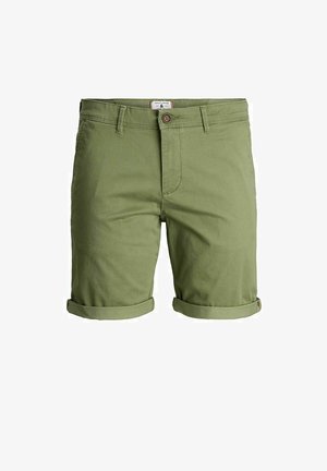 Green cotton shorts with rolled cuffs, featuring a button closure and front pockets. Smooth texture and simple design.