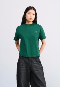 T-shirt verde corto in cotone, con scollatura tonda e maniche corte. Logo ricamato notevole sul lato sinistro del petto.