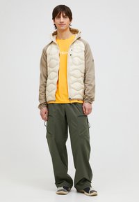 Giacca imbottita beige con maniche grigie, t-shirt arancione e pantaloni cargo verdi. La giacca presenta una chiusura con zip e un design testurizzato.
