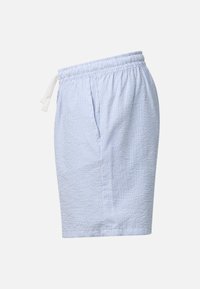 Shorts pour hommes rayés bleu clair et blanc avec taille élastique et cordon blanc, poche latérale, vus de profil sur fond blanc.