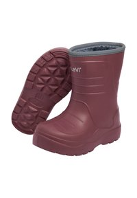 Röda gummistövlar med grå innerfoder, robust sula, mönstrad fotbädd och konturerad form för komfort och stabilitet.