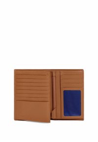Portefeuille en cuir marron avec une finition texturée, comportant plusieurs emplacements pour cartes, un compartiment zippé et une fenêtre pour carte d'identité bleue.