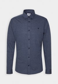 Dark blue long-sleeve button-up shirt made of soft fabric, featuring a classic collar, front buttons, and a small embroidered logo on the chest.