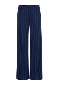 Pantalon large bleu marine à rayures blanches verticales, en tissu lisse, avec une taille élastique et sans fermetures visibles.