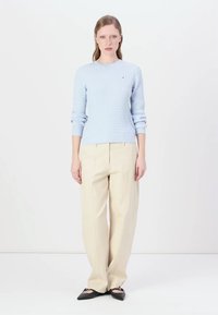 Lichtblauwe gebreide trui met een textuurpatroon, gecombineerd met beige wijde broekspijpen. Zwarte puntige ballerina's maken de outfit compleet.