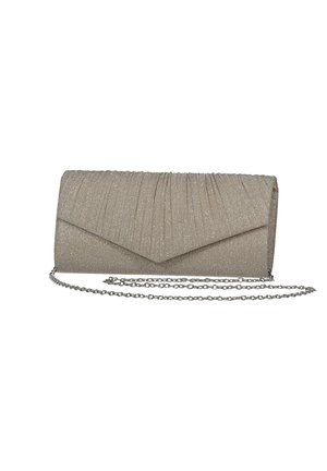 Beige clutch taske med rynket tekstur, metal kæderem og konvolutlignende klap. Blødt stof med metalliske tråde giver en subtil glans.