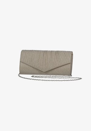 Pochette beige à texture plissée, avec une bandoulière en chaîne métallique et un rabat de style enveloppe. Tissu doux avec des fils métalliques ajoutant un léger éclat.