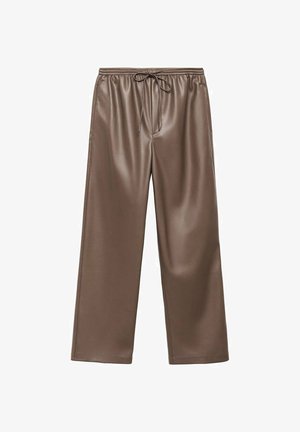 Bruine faux leren broek met brede pijpen en een elastische tailleband, voorzien van een trekkoord en een gladde textuur over de gehele lengte.