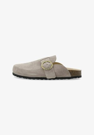 Suede clogs in light gray with a round, gold-tone buckle detail on the strap, cork footbed, and flexible black rubber outsole.