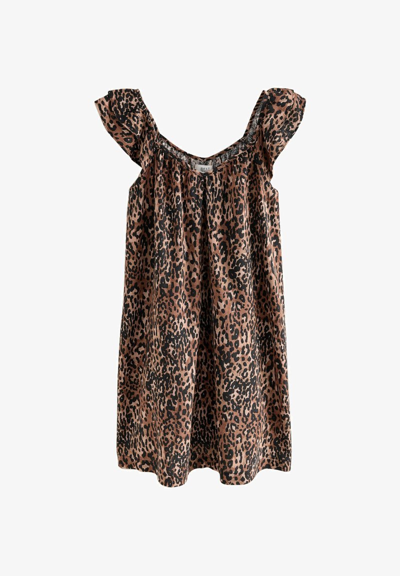 Šaty s leopardím vzorom v odtieňoch hnedej a čiernej, s volánovými rukávmi bez ramienok a voľným, splývavým strihom.