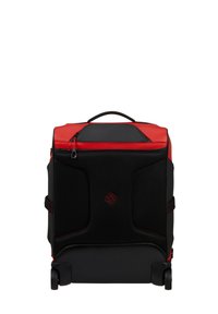 Black wheeled backpack with red accents, featuring a textured fabric body, a zippered top, and a sturdy carry handle.