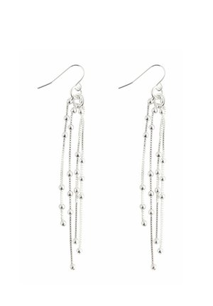 Silver drop earrings with three delicate hanging chains adorned with small silver beads on each chain, set against a white background.