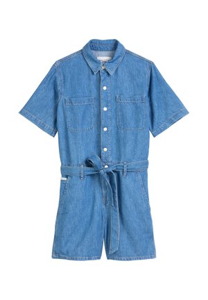 Kurzärmeliges blaues Denim-Overall mit Knöpfen vorne, zwei Brusttaschen, Seitentaschen, Kragen und einem Taillengürtel.