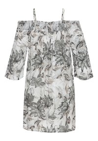 Blumenkleid mit schulterfreiem Schnitt und gerafftem Ausschnitt, dreiviertellangen Ärmeln, mit einem schwarz-weißen botanischen Druck auf leichtem Stoff.