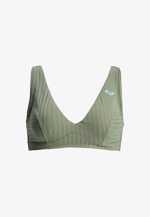 Hellolivgrünes, geripptes Stoff-Bralette mit breiten Trägern und kleinem weißem Logo auf der linken Seite.