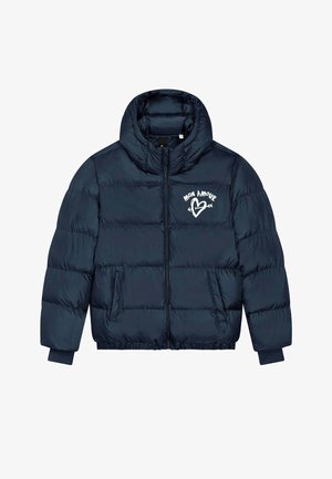 Doudoune bleu marine avec col montant, fermeture éclair sur le devant, poignets élastiques, deux poches avant, et logo cœur blanc "MON AMOUR" sur le côté gauche de la poitrine.