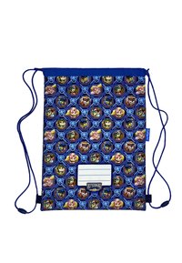Bolsa de cordón hecha de tela azul, con un patrón repetido de personajes de dibujos animados dentro de marcos hexagonales. Incluye un área de etiqueta en blanco.