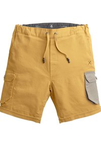 Shorts en coton jaunes avec une taille élastique et un cordon de serrage, des poches latérales et une grande poche latérale avec des détails en rabat gris.