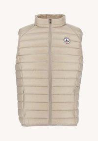 Beige, mouwloze gewatteerde vest met een hoge kraag, horizontale stitching en ritssluiting. Voorzien van een logo-opdruk op de linkerkant van de borst.