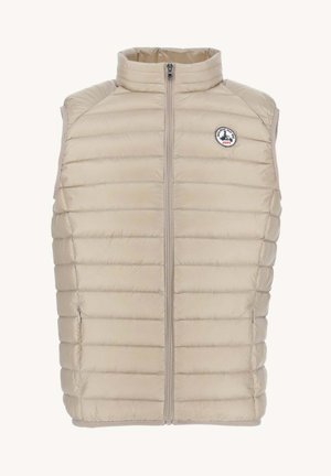 Beige, mouwloze gewatteerde vest met een hoge kraag, horizontale stitching en ritssluiting. Voorzien van een logo-opdruk op de linkerkant van de borst.