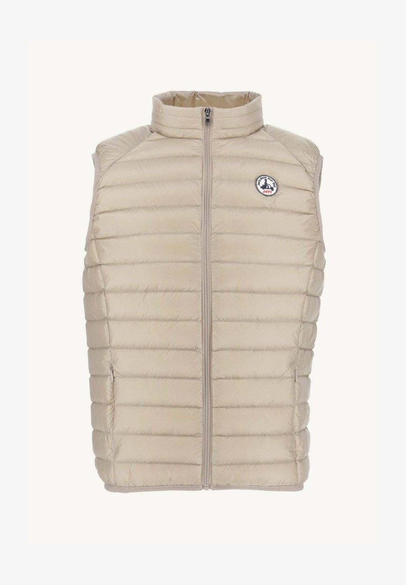 Beige, ärmlose gepolsterte Weste mit hohem Kragen, horizontalen Steppnähten und Reißverschluss. Verfügt über ein Logo-Patch im Bereich der linken Brust.