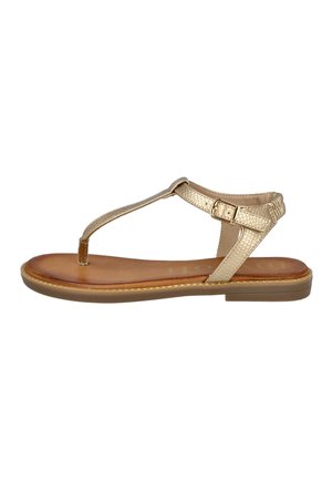 Sandalia plana con tira en T texturizada dorada y hebilla en el tobillo, suela acolchada marrón y suela exterior de goma beige.