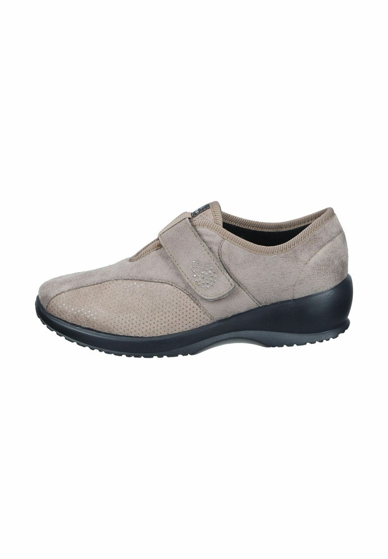 Beige suede shoes with a velcro strap, mesh detailing, and a black rubber sole. Rounded shape with padded collar for comfort.