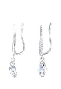 Silberne Ohrhänger mit hellblauen facettierten Edelsteinen in kreisförmigen, verzierten Fassungen und einem strukturierten Design an den Haken.