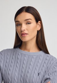 Jasnoszary sweter z dzianiny w warkocze z okrągłym dekoltem i ściągaczami na rękawach. Posiada małe, ciemne logo na klatce piersiowej, gładka textura.