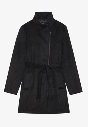 Cappotto nero in morbido tessuto con colletto alto, zip frontale, cintura in vita e due tasche laterali. Presenta una vestibilità rilassata e maniche lunghe.