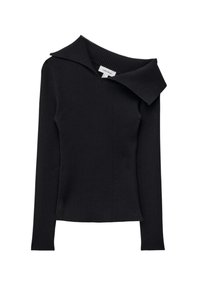 Schwarzes, geripptes Langarmoberteil mit einem übergroßen, gefalteten Kragen. Der Stoff hat eine glatte Textur und ein tailliertes Design.