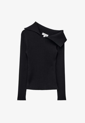 Schwarzes, geripptes Langarmoberteil mit einem übergroßen, gefalteten Kragen. Der Stoff hat eine glatte Textur und ein tailliertes Design.