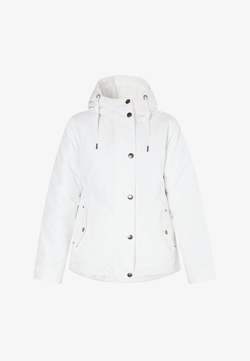 Fehér szigetelt dzseki kapucnival, patent gombokkal, állítható zsinórokkal és oldalzsebekkel; sima textúrájú és laza dizájnnal.