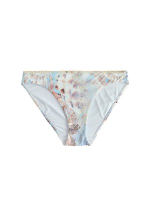 Damska bielizna bikini z delikatnym pastelowym abstrakcyjnym wzorem i subtelną falistą lamówką wzdłuż pasa.