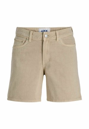 Bézs farmerrövidnadrág elülső gombbal, derékszíjhurkokkal, két első zsebbel és JJXX márkajelzéssel a derékon belül.