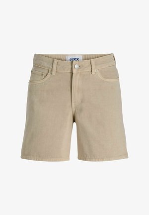 Bézs farmerrövidnadrág elülső gombbal, derékszíjhurkokkal, két első zsebbel és JJXX márkajelzéssel a derékon belül.